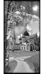 Гравировка на памятник с храмом, берёзой и елями