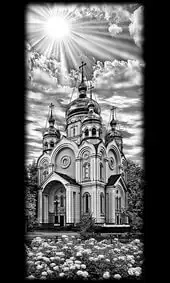 Гравировка на памятник с храмом в лучах солнца